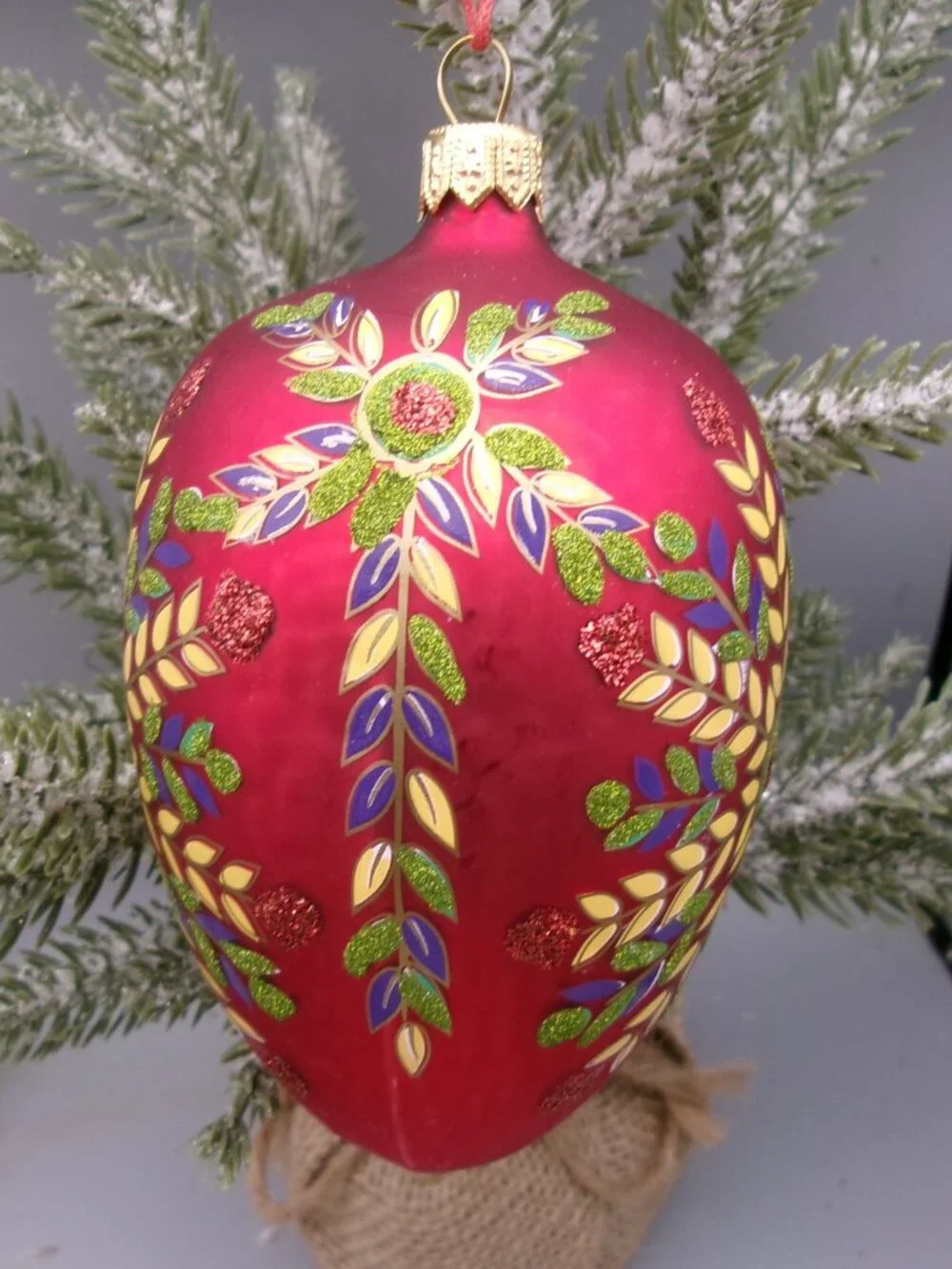 Vintage Red Pysanky Egg Christmas Ornament, Hand Painted Glass